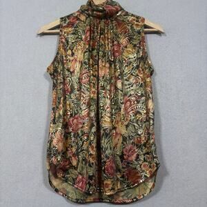 Sleeveless Mock Turtleneck Floral Paisley Shiny Gold Flowy Maximalist Medium